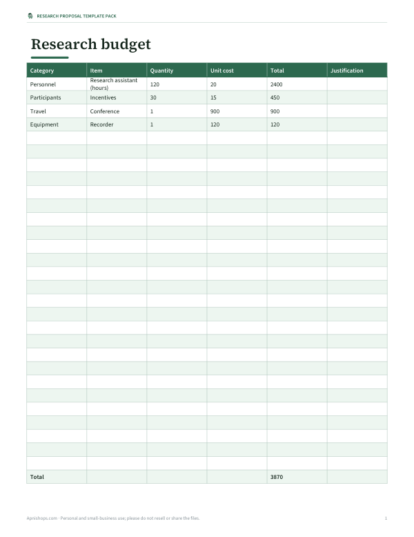 Preview of Printable Research Budget Workbook